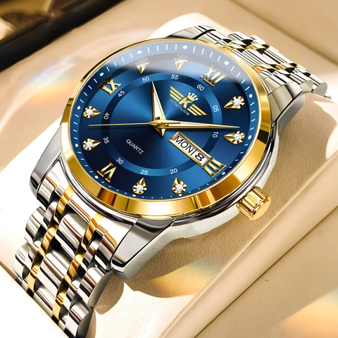 Luxury Men Quartz Watch Stainless Steel Strap Rhinestone Dial Double Calendar Luminous Waterproof Roman Numeral Business Wristwatch