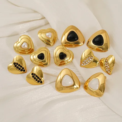 Vintage Heart Triangle Stud Earrings 18K Gold Plated Stainless Steel With Resin Rhinestone Waterproof For Women