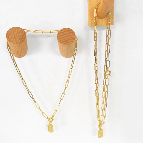 Initial Letter Pendant Necklace 18K Gold Plated Copper Rectangular Tag CZ Paperclip Chain Hip Hop Retro Jewelry Women