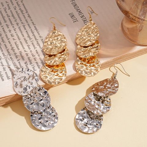 Hammered Metal Triple Layer Waterdrop Drop Earrings Long Teardrop Dangle Boho Minimalist For Women
