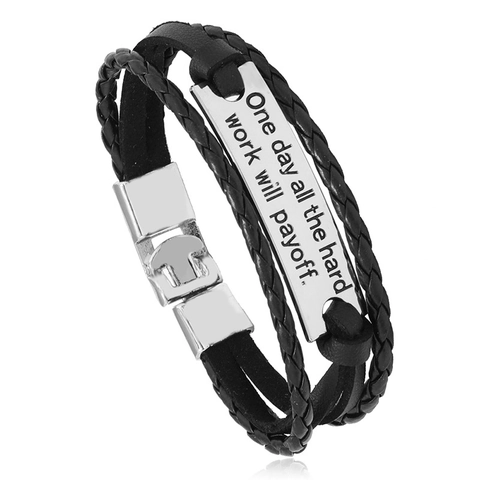 Men Multilayer Bracelet Braided PU Leather With Engraved Inspirational Metal Plate Casual Fashion Jewelry