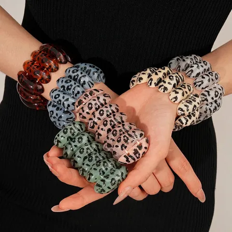 Leopard Print Acrylic Resin Elastic Bracelet Vintage Oval Chunky Wide Bangle For Women Fashion Jewelry