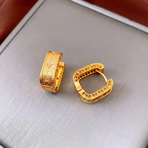 Retro Geometric Square Copper Ear Buckles With White Zircon Inlay Vintage Textured Gold Plated Jewelry For Women