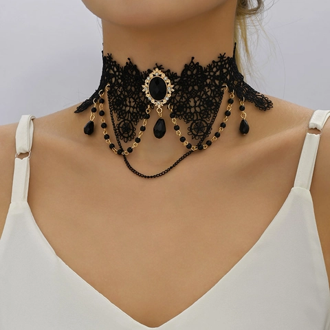 Gothic Black Lace Choker Necklace For Women Vintage Geometry Hollow Out Rhinestone Pendant Sexy Multi Layer Jewelry Gift