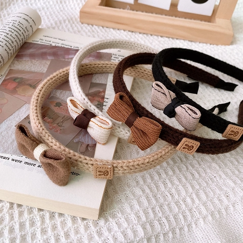 Maillard Color Sweet Knitted Bow Headband Vintage Mori Style Women Girls Hair Band Cute Rabbit Label Head Hoop Hair Accessories