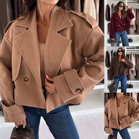 Women's Casual Polyester Solid Color Short Woolen Jacket Elegant Lapel Single Button Autumn Winter Long Sleeve Top Outwear