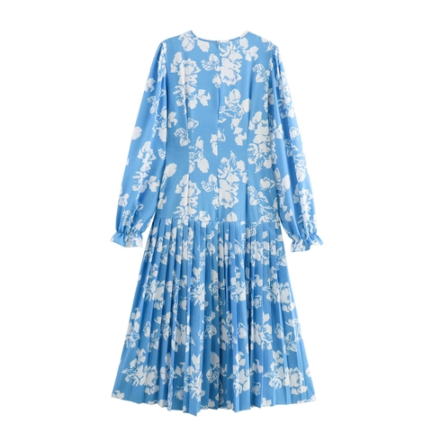 Elegante Midi-Jurk Met Bloemenprint Lange Mouwen Polyester Hoge Taille Geplooide Zoom Asymmetrische Knoop Ronde Hals