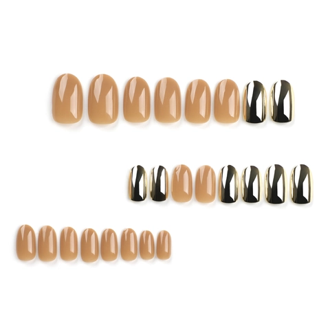 Unghie Press On Dorate Galvanizzate E Cachi Nude Forma Ovale Rotonda Lucida Unghie Artificiali Per Manicure Fai Da Te
