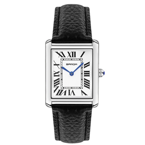 Montre À Quartz Rectangulaire Pour Femmes Chiffres Romains Aiguilles Bleues Résistant À L'eau Bracelet En Cuir Élégante