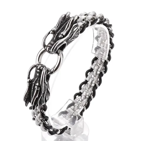 Men's Stainless Steel Braided Bracelet With Lion Snake Dragon Skull Head Punk Biker Vintage Silver Jewelry Accessory