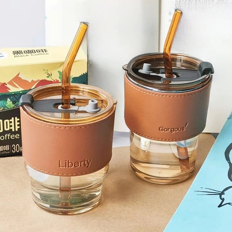 Bamboo Joint Glass Coffee Cup With PU Leather Sleeve And Glass Straw Heat Resistant Portable Water Tumbler
