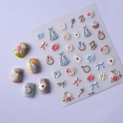 Pegatinas Uñas Relieve 5D Vintage Tema Cuento De Hadas Calcomanías Flor Reloj Bolsillo Retro Para Mujer