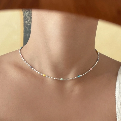 Collana Perline Oliva Arcobaleno Argento Sterling 925 Smalto Multicolore Minimalista Stile Coreano Dolce Donne