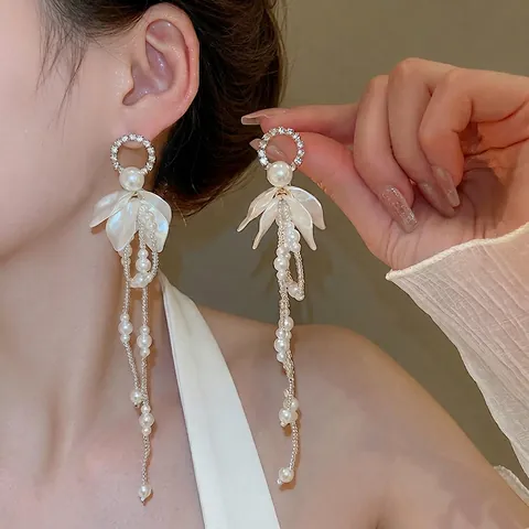 Boucles D'oreilles Longues À Pampilles En Künstliche Perles Avec Fleur En Strass Et Tige En Argent Bijoux Élégants De Style Français Pour Femmes