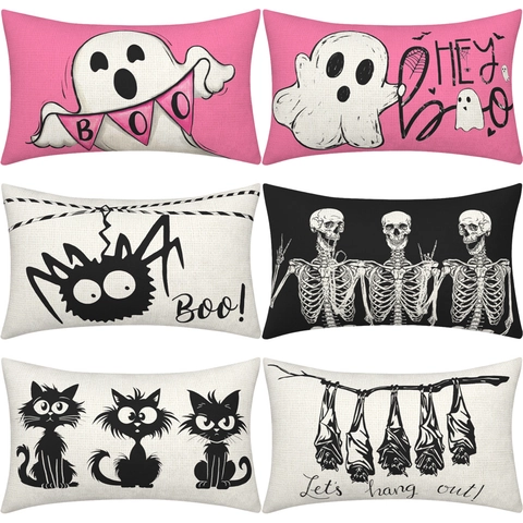Halloween Decorative Pillowcase Faux Linen Cushion Cover Rectangular Invisible Zipper Cartoon Ghost Skeleton Spider For Sofa Couch