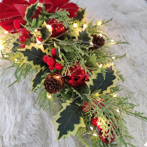 Christmas Teardrop Wreath Artificial Pine Pinecone Red Berry Velvet Bow Door Wall Hanging Decoration Nordic Holiday Ornament