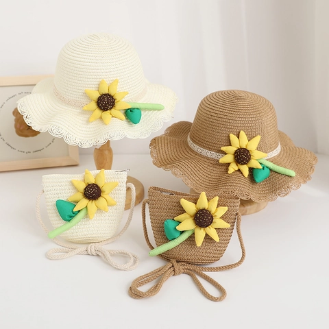 Kids Sunflower Straw Hat And Bag Set Girls Summer Sun Protection Woven Beach Hat With Lace Ruffle Edge Flower Decorative Accessories