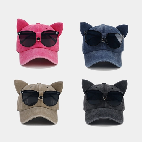 Cat Ear Baseball Cap With Integrated Goggles Washed Cotton Retro Sun Protection Adjustable Outdoor Fashion Hat