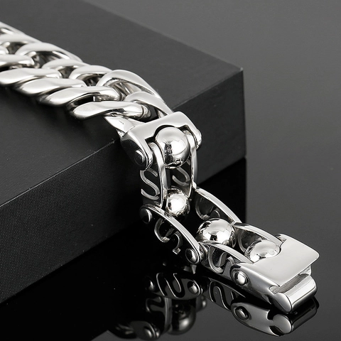 Men Bracelet Stainless Steel Cuban Link Chunky Punk Industrial Style Beaded Chain Jewelry Polished Silver Color