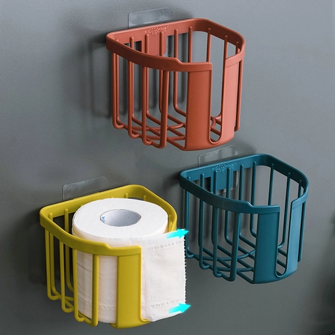 Wall Mounted Plastic Tissue Holder Storage Basket No Drilling Punch Free Hollow Rack For Bathroom Toilet Kitchen Roll Paper