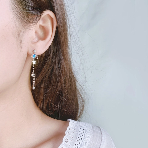 Boucles D'Oreilles Longues À Pampilles Planète Et Étoile Cuivre Perle Style Pierre De Lune Zirconium Bijoux Romantiques