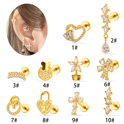 Piercing Labret In Lega Di Titanio Filettatura Interna Con Zircone Cuore Croce Fiore Orecchini Cartilagine Gioielli