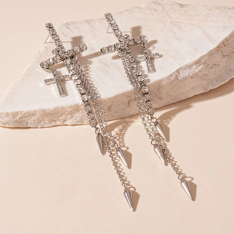 Orecchini Lunghi Con Nappa A Croce Con Strass E Perno In Argento Sterling 925 Gioielli Punk Gothic Per Donna