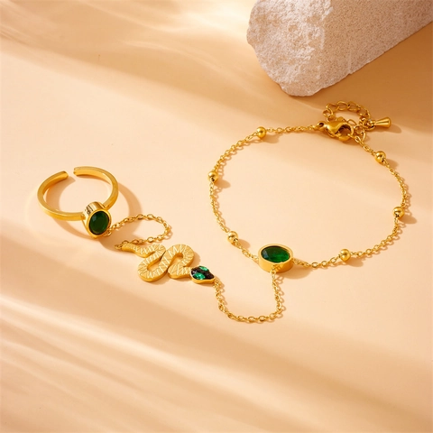 Snake Hand Chain Finger Ring Bracelet Gold Plated Stainless Steel Green Crystal Adjustable Jewelry For Women