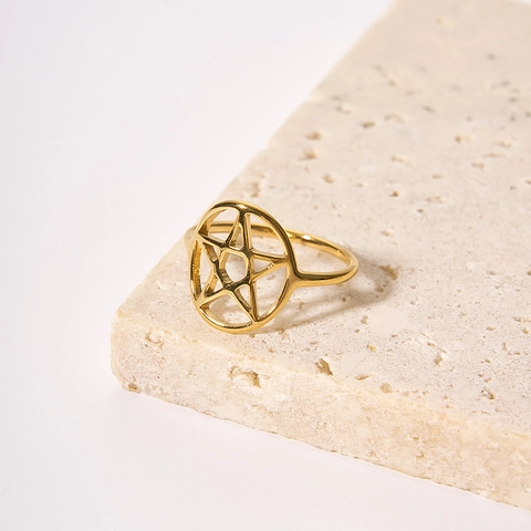 Bague Vintage en Acier Inoxydable Évidé Pentagramme Étoile Cercle pour Femme Mode Étanche Placcato Or PVD Bijoux Géométriques