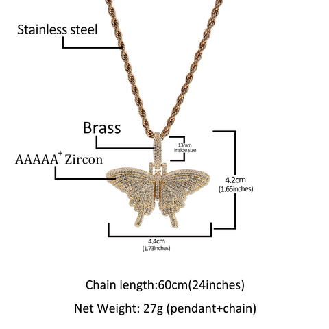 Hip Hop Iced Out Zirconia Vlinder Hanger Ketting Voor Vrouwen Mannen Koperen Vlinder Ketting Met 3 mm Torsieketting Sieraden