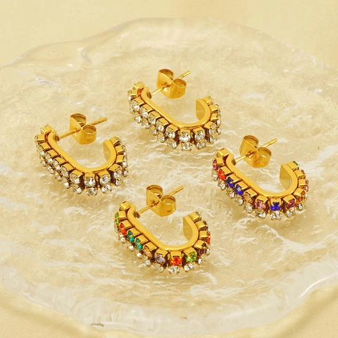 Hoop Earrings 18K Gold Plated Stainless Steel With Double Row Rhinestone C Shaped Colorful Zircon Fashion Jewelry Women