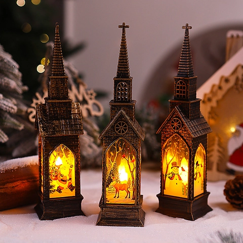 Lanterne Église De Noël LED Bronze Rétro Lumière Chaude Père Noël Bonhomme De Neige Renne Décoration De Bureau Cadeau