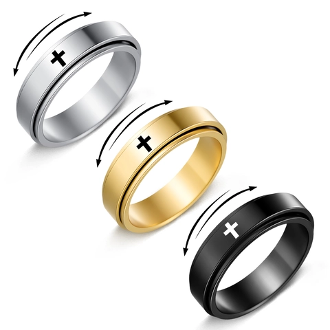 Spinner Ring 304 Stainless Steel Rotating Cross Pattern Stress Relief Fashion Jewelry For Men And Women