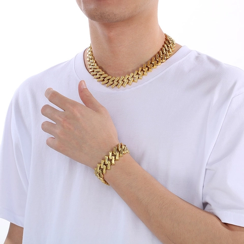 Men Heavy Cuban Link Necklace And Bracelet Stainless Steel Hip Hop Jewelry Polished Metal Bold Style