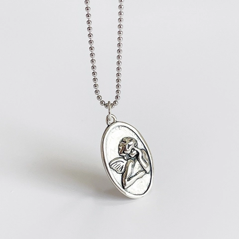 Collana Con Pendente Angelo In Argento Sterling 925 Rilievo Vintage Retro Cherubino Goffrato Medaglione Ovale Catena Sfere