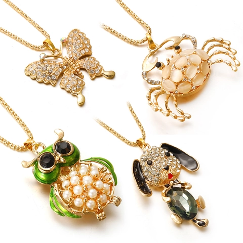 Collier Pendentif Animal Alliage Zircon Coloré Strass Émail Papillon Éléphant Hibou Bijoux Mode Femme Cadeau