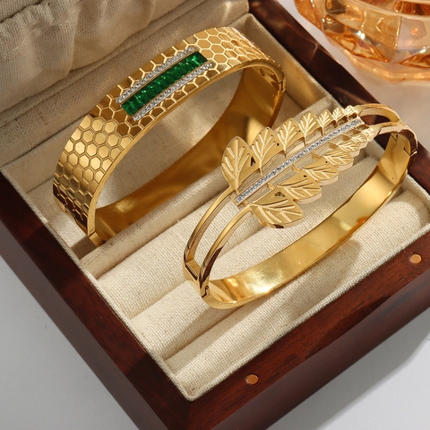 Vintage Luxury Bangle Bracelet Titanium Steel Gold Plated Hollow Leaf Honeycomb Zircon Rhinestone Jewelry For Women