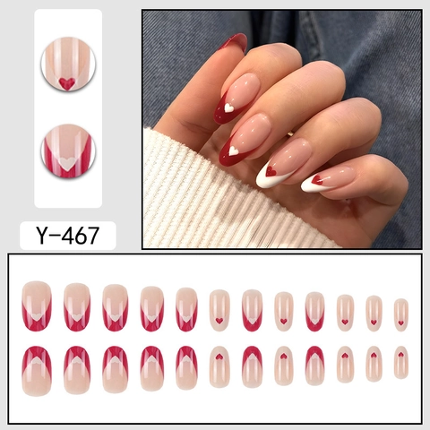 Unghie Finte Press On Con Cuore Rosso Stile Francese Forma Mandorla Per Donne Manicure Dolce Unghie Artificiali Rimovibili
