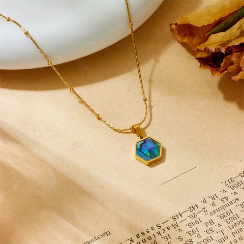 Geometrische Zeshoek Hanger Ketting Roestvrij Staal Abalone Schelp Inleg Goud Sleutelbeen Ketting Sieraden Vrouwen