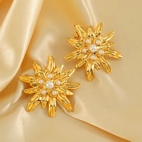 Orecchini A Lobo Fiore Acciaio Inossidabile Placcato Oro 18K Con Künstliche Perle Artificiali Design Floreale Vintage Per Donna