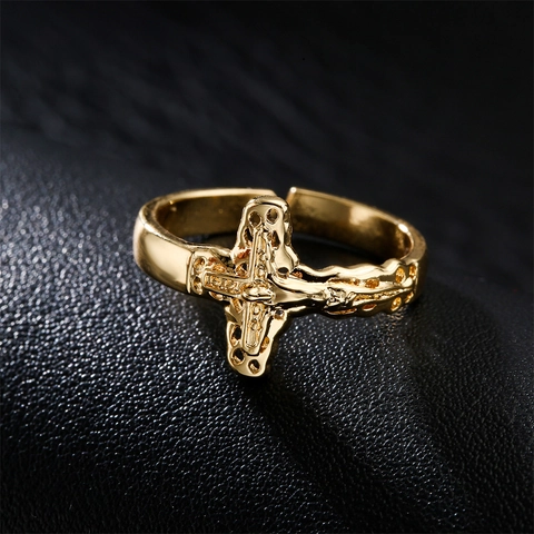 Kreuzring Kupfer 18K Vergoldet Verstellbar Offen Kruzifix Religiöser Gotischer Schmuck Für Herren Damen