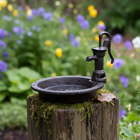 Vintage Cast Iron Bird Feeder Antique Manual Water Pump Shape Garden Decor Bird Bath Outdoor Rustic Tray