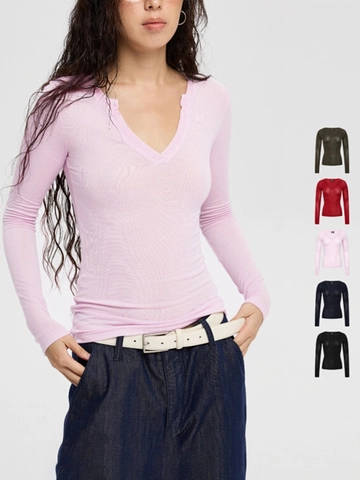Women Long Sleeve T-Shirt V Neck Slim Fit Knit Top Solid Color Breathable Thin Chic Minimalist Ribbed Pullover