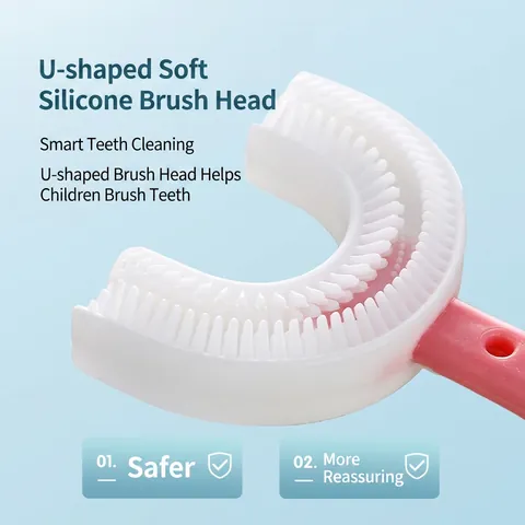 Children U-Shaped Manual Toothbrush Food Grade Silicone 360 Degree Whole Mouth Cleaning Soft Bristles Heart Handle For Toddlers Kids