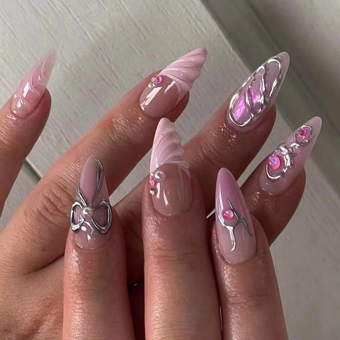 Unghie Finte 3D Bowknot Silver Chrome Pink Gradient French Style Rhinestone Artificial Pearl Y2K Liquid Metal Per Donna