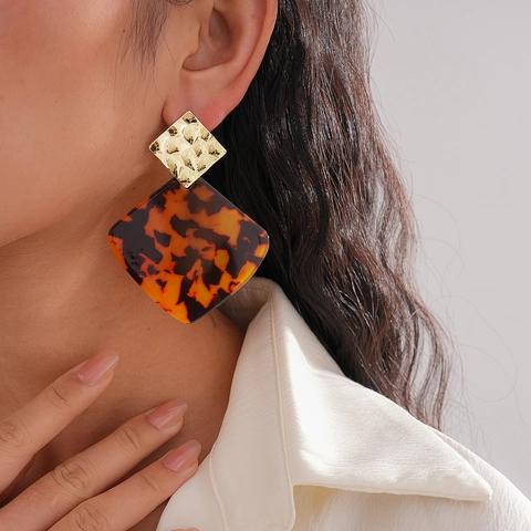 Geometrische Viereckige Hängeohrringe Gehämmerte Kupfer Schildpatt Acryl Mit Silver Earring Post Vintage Retro Stil Damen
