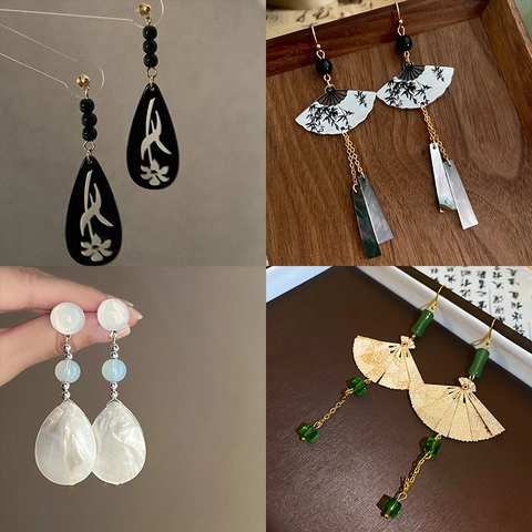 New Chinese Style Drop Earrings With 925 Sterling Silver Earring Post Alloy Resin Faux Jade Retro Oriental Jewelry Women