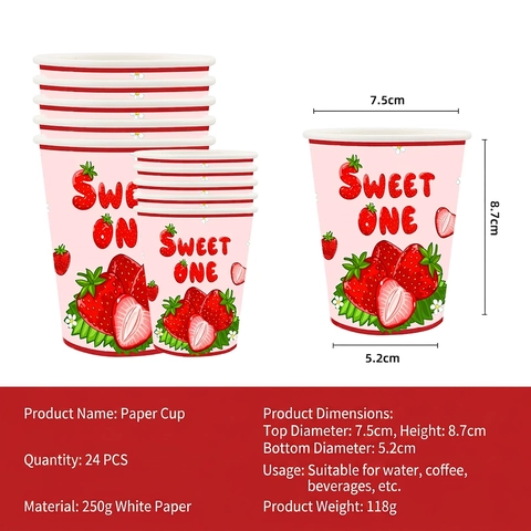 Vaisselle De Fête Thème Fraise Assiettes En Papier Jetables Tasses Serviettes Couverts En Plastique Nappe Sweet One Anniversaire