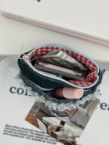 Borsa Porta Trucco In Denim Modello Con Fiocco Bordo Sfilacciato Patchwork Organizzatore Fodera A Quadretti Stile Ins