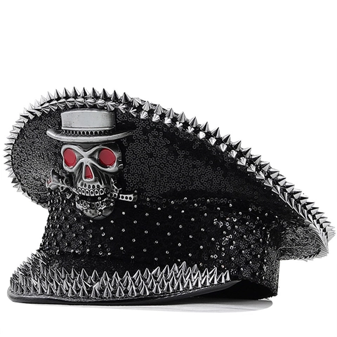 Cappello Da Capitano Con Paillettes Nere Borchie In Metallo Argentato E Teschio Punk Gothic Halloween Cappello Marina